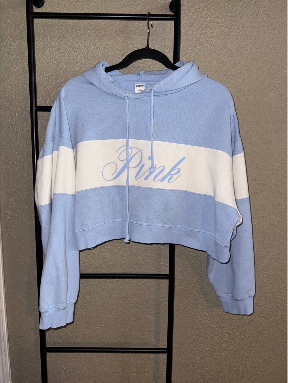 PINK Victoriaβs Secret Blue & White Colorblock Cropped Hoodie Womenβs Large